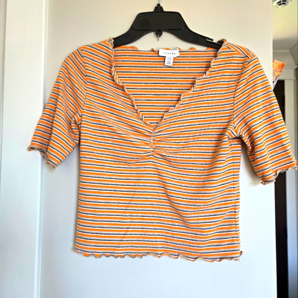 Topshop Orange Striped Top with Ruched V Neck Scalloped Edges US 6